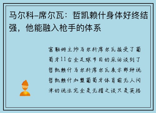 马尔科-席尔瓦：哲凯赖什身体好终结强，他能融入枪手的体系